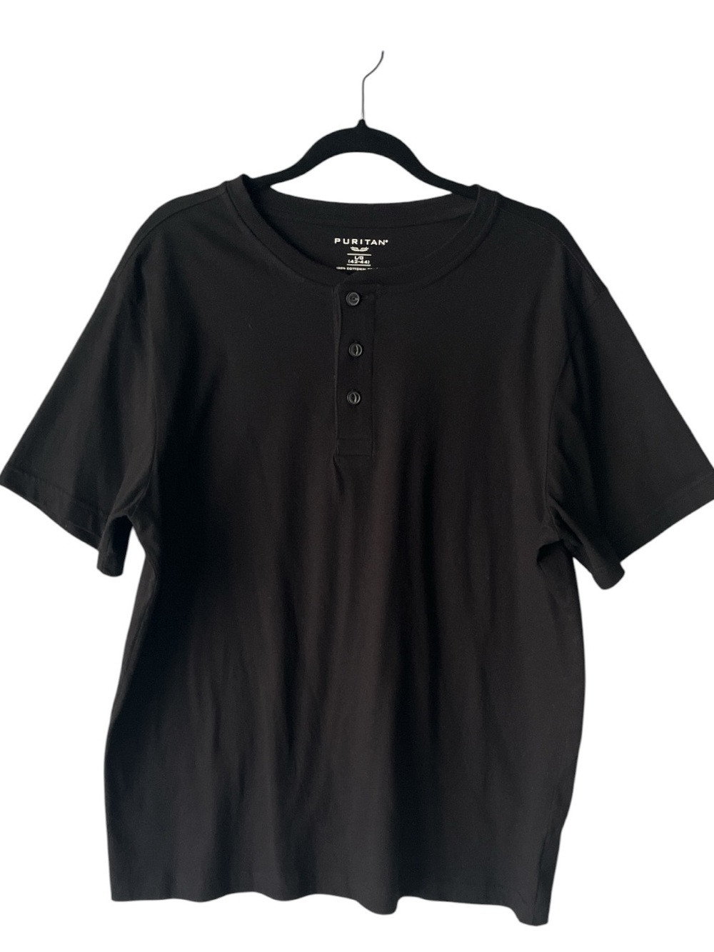 Puritan Black Short Sleeve Henley Cotton Tee L